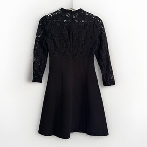 ASOS Mini Dress Black Sz 0 High Neck Skate Lace Insert & Lace Sleeves Stretch
